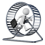 3D white people. Businessman in a hamster wheel
