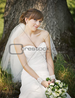 Emotional portrait of caucasian happy bride