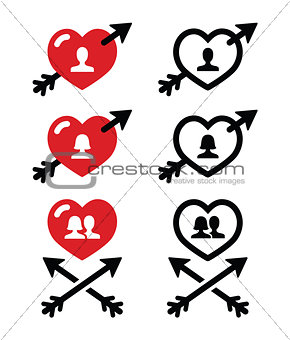 Man and woman, couples in Hearts with arrow, valentines icons set