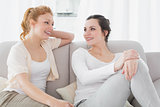 Two smiling female friends sitting on sofa in living room