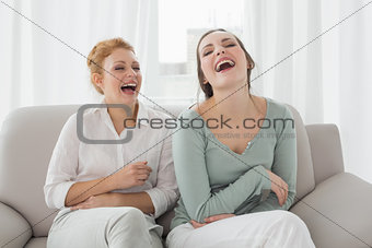 Female friends laughing while sitting on sofa in the living room