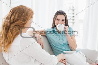 Female friends sitting on sofa in the living room