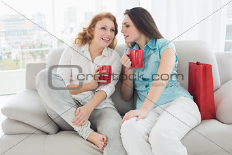 Female friends with coffee cups conversing at home