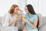 Young female friends with wine glasses at home