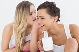 Close-up of female friends with coffee cup gossiping