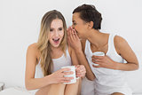 Female friends with coffee cups gossiping in bed