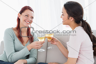 Happy young female friends toasting wine glasses at home