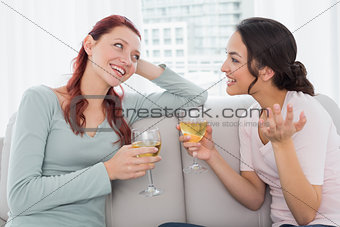 Female friends with wine glasses chatting at home