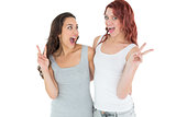 Portrait of two cheerful female friends gesturing peace sign