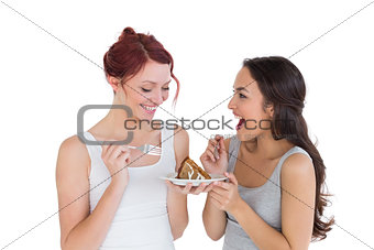 Cheerful young female friends eating pastry together