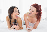 Cheerful young female friends text messaging on bed