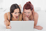 Shocked female friends looking at laptop in bed