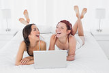 Cheerful female friends with laptop lying in bed