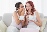 Female friends with coffee cups gossiping in living room