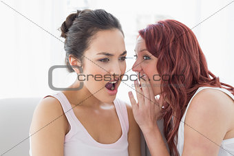 Young female friends gossiping at home