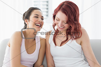 Two beautiful young female friends laughing in living room