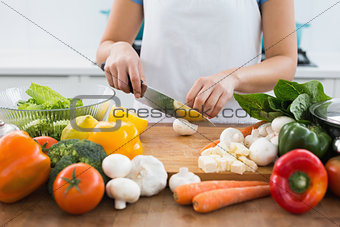 Mid section of a woman chopping vegetables in kitchen