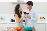 Loving young couple with wine glasses in kitchen