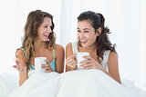 Cheerful friends with coffee cups chatting in bed