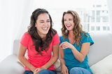 Cheerful friends sitting on sofa in the living room