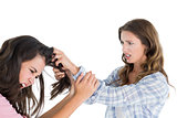 Angry young woman pulling females hair in a fight