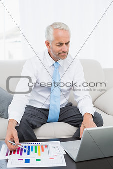 Businessman working on graphs and laptop at home