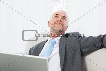Businessman with laptop sitting on sofa in living room