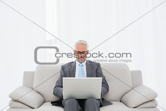 Concentrated mature businessman using laptop at home