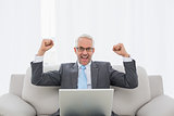 Elegant businessman cheering with laptop at home