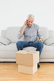 Man using cellpone on sofa with boxes in house
