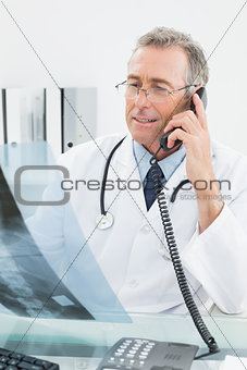 Doctor with x-ray picture while using telephone at office