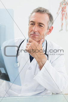 Concentrated doctor looking at x-ray in office