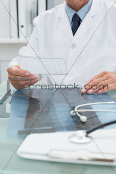 Male doctor reading a note at desk in office
