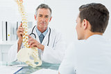 Doctor explaining spine to patient in office