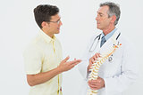 Doctor showing patient something on skeleton model