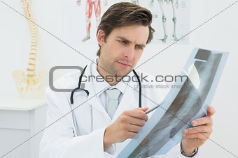 Concentrated male doctor looking at x-ray picture of spine