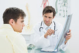 Doctor explaining spine x-ray to patient in office