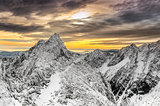 Scenic view of winter mountains and colorful sunset
