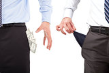one businessmen grasp money , one pocket empty