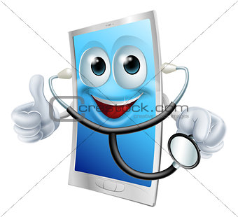 Mobile phone character holding a stethoscope