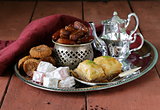 Assorted eastern sweets - baklava, dates, turkish delight