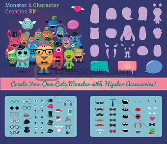 Vector Hipster Monster and Character Creation Kit