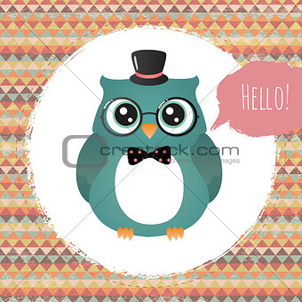 Vector Hipster Owl greeting card design illustration  with Textured Grunge Geometric Background