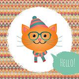 Vector Hipster Cat greeting card design illustration with Textured Grunge Geometric Background