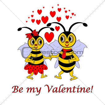 Two funny cartoon bees with words "Be my Valentine". Valentine's