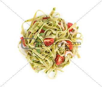 Pasta tagliatelle with shrimp and tomatoes