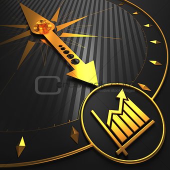 Golden Growth Chart Icon on Black Compass.