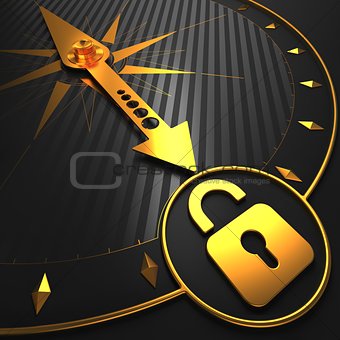 Golden Icon of Opened Padlock on Black Compass.