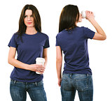 Brunette with blank purple shirt and drinking