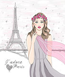 Girl near eiffel tower. Hand drawn Paris postcard.